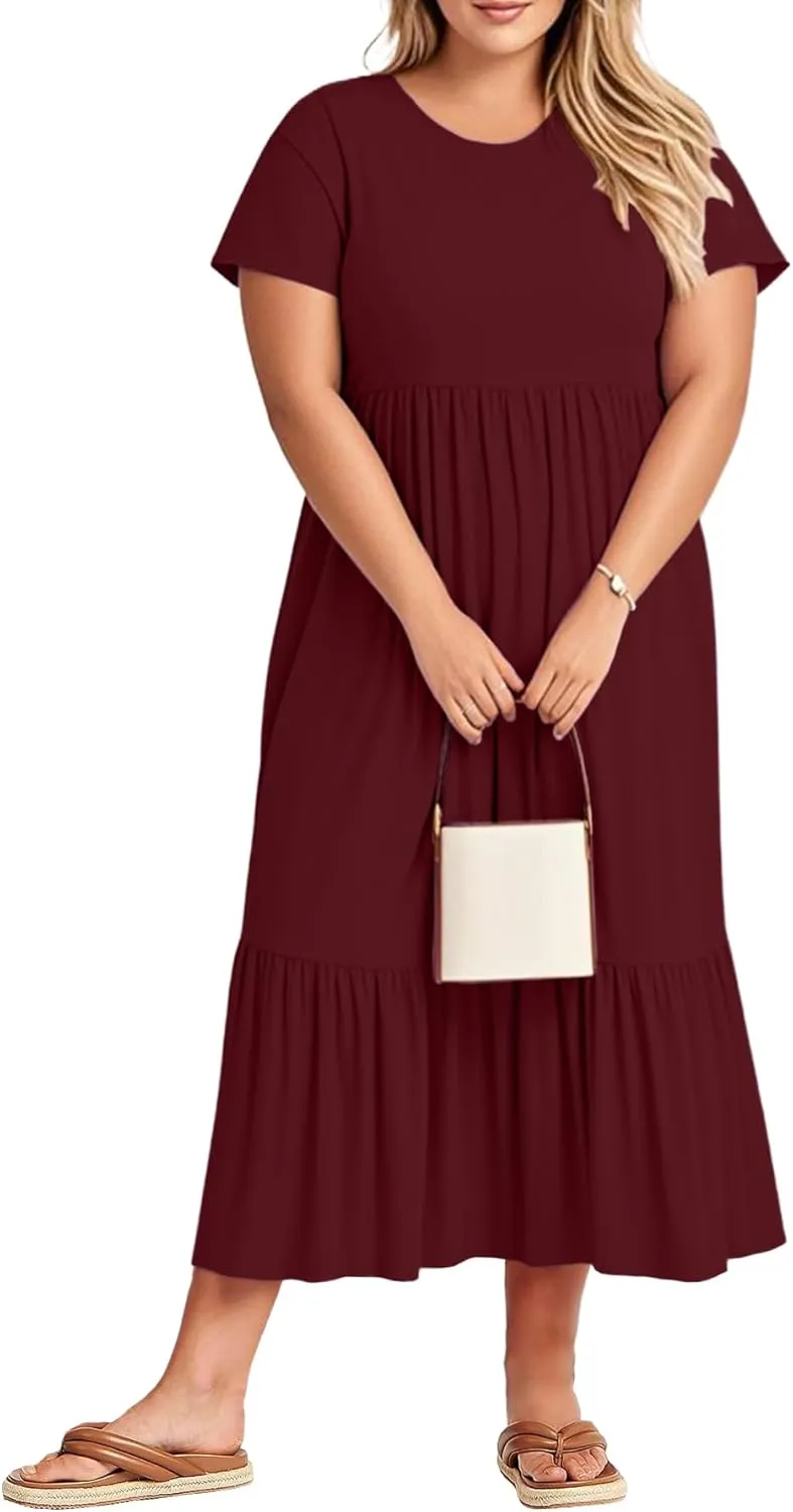 Plus Size Dresses for Women Summer Casual Short Sleeve Crewneck Aline Swing Flowy Tiered Maxi Long Dress with Pockets