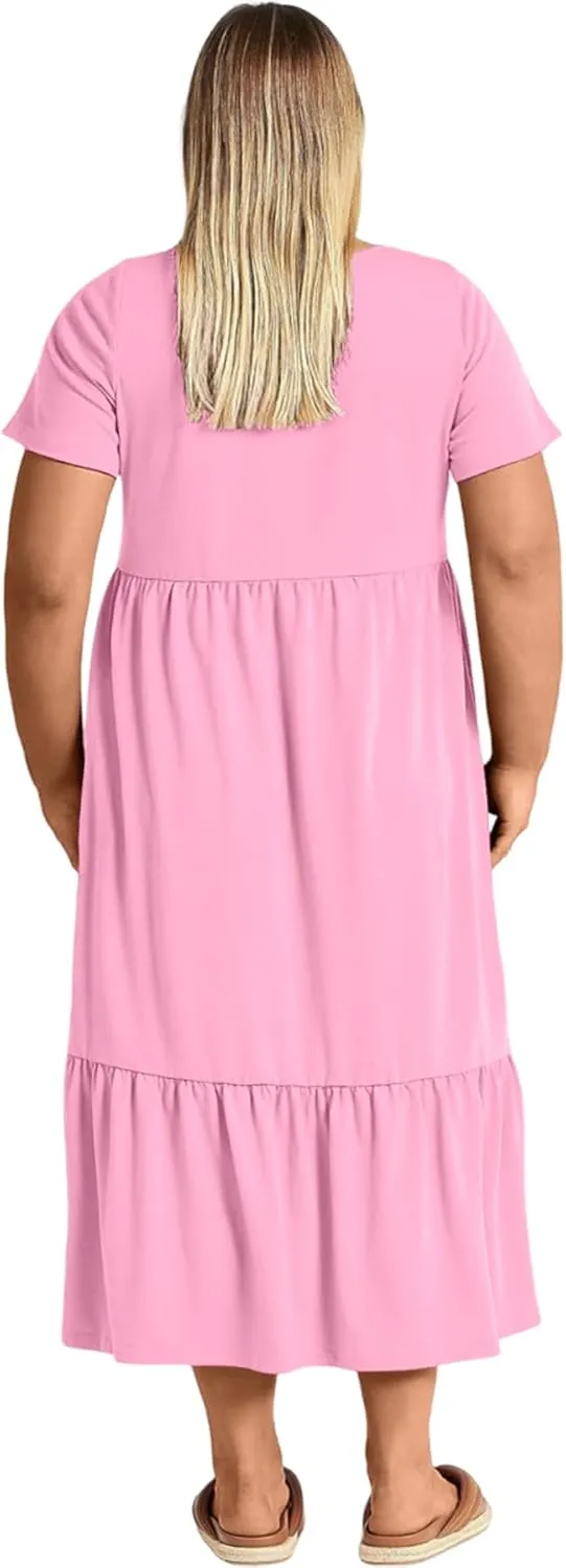 Plus Size Dresses for Women Summer Casual Short Sleeve Crewneck Aline Swing Flowy Tiered Maxi Long Dress with Pockets