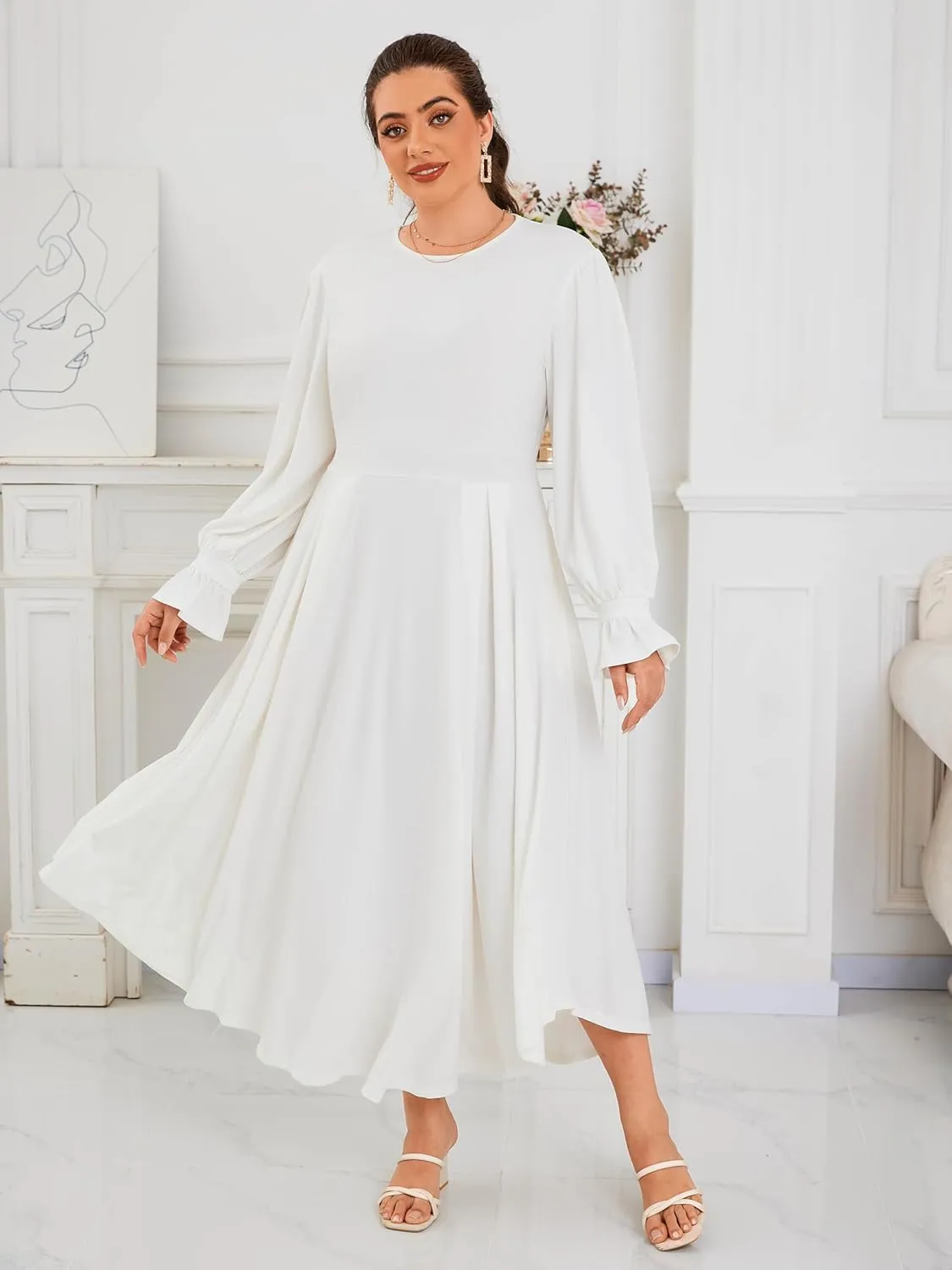 Plus Size Maxi Dress for Curvy Women Long Puff Sleeve Crewneck Stretchy Empire Waist A-line Flowy Outfits with Pockets