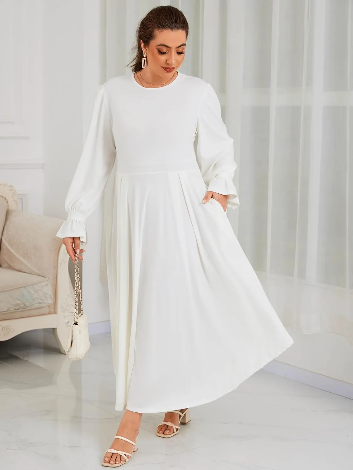 Plus Size Maxi Dress for Curvy Women Long Puff Sleeve Crewneck Stretchy Empire Waist A-line Flowy Outfits with Pockets