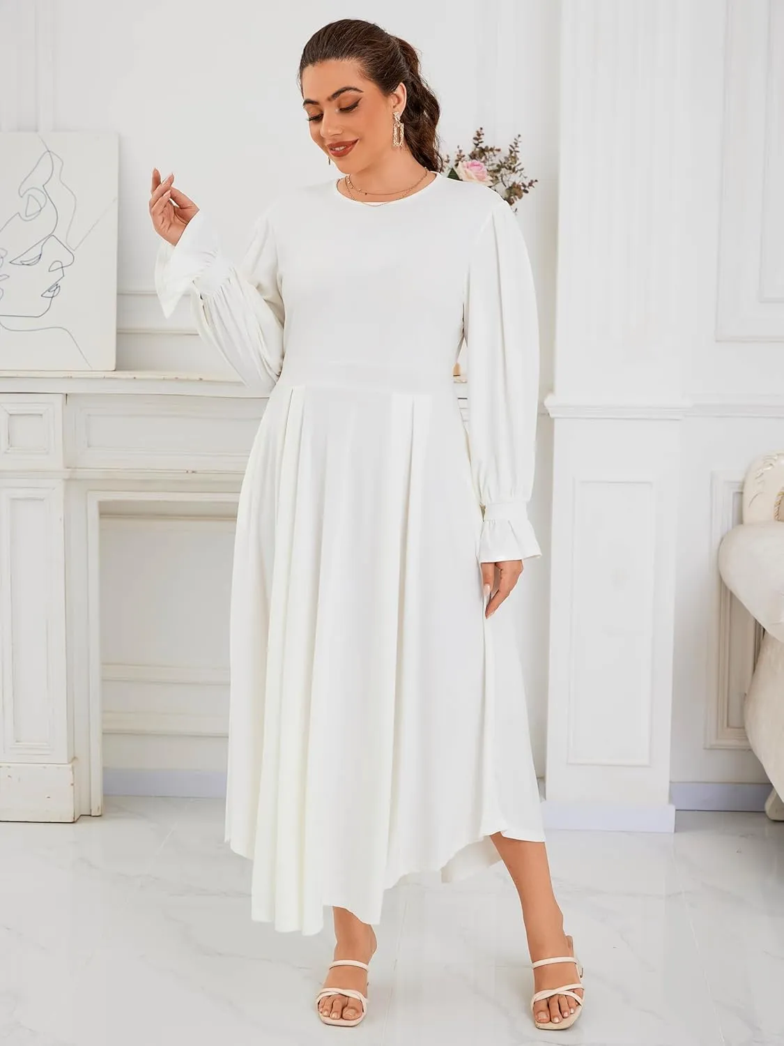 Plus Size Maxi Dress for Curvy Women Long Puff Sleeve Crewneck Stretchy Empire Waist A-line Flowy Outfits with Pockets