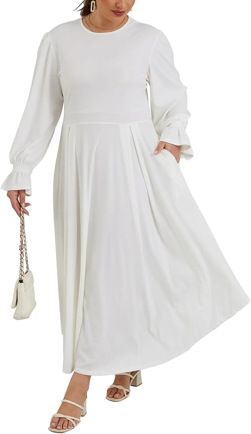 Plus Size Maxi Dress for Curvy Women Long Puff Sleeve Crewneck Stretchy Empire Waist A-line Flowy Outfits with Pockets