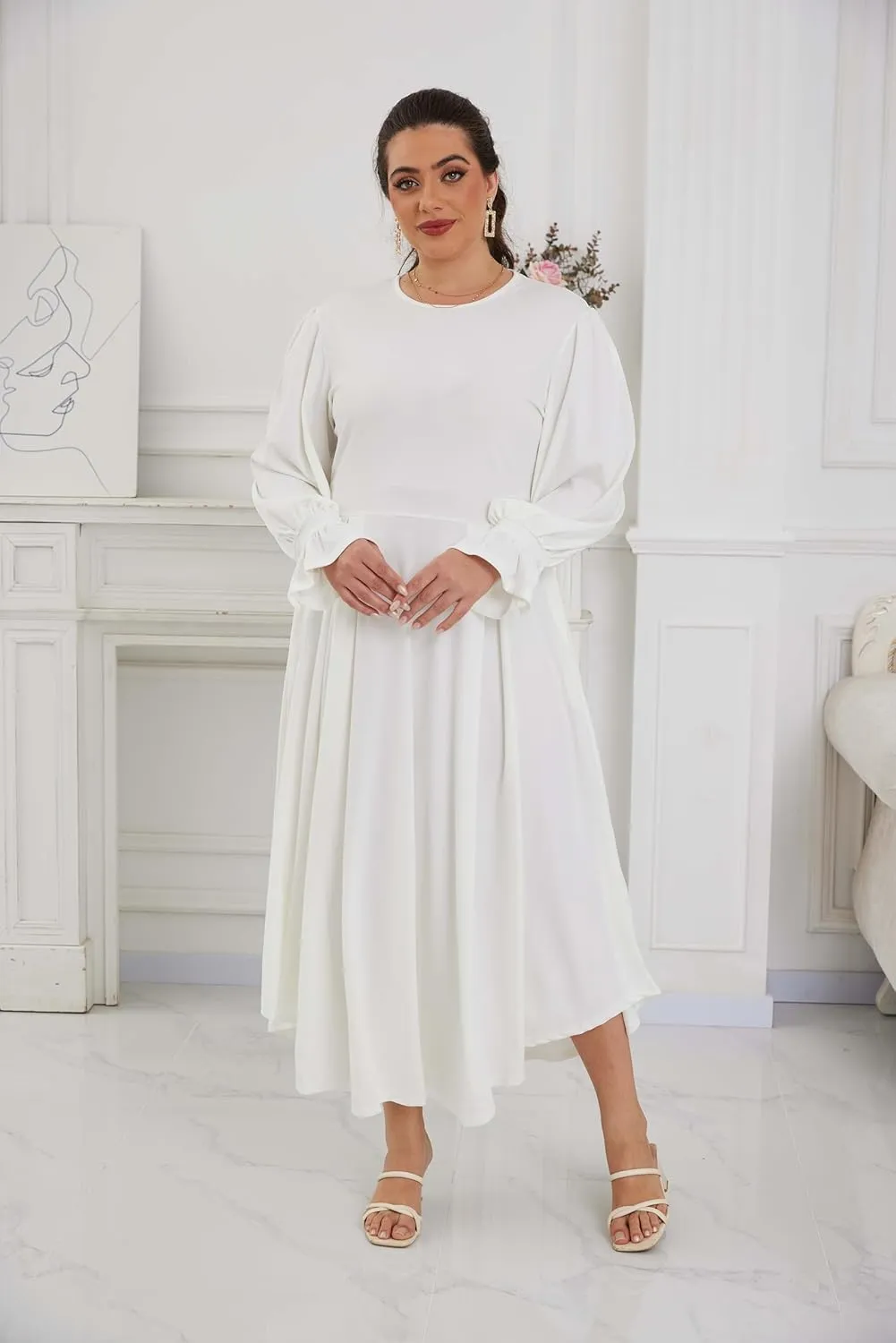 Plus Size Maxi Dress for Curvy Women Long Puff Sleeve Crewneck Stretchy Empire Waist A-line Flowy Outfits with Pockets