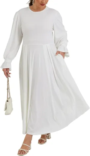 Plus Size Maxi Dress for Curvy Women Long Puff Sleeve Crewneck Stretchy Empire Waist A-line Flowy Outfits with Pockets
