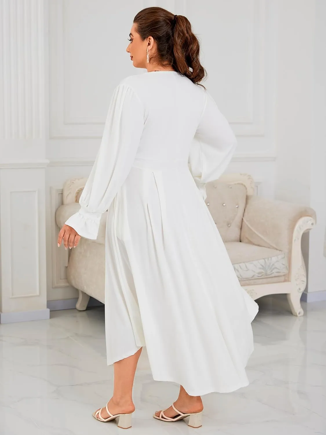 Plus Size Maxi Dress for Curvy Women Long Puff Sleeve Crewneck Stretchy Empire Waist A-line Flowy Outfits with Pockets