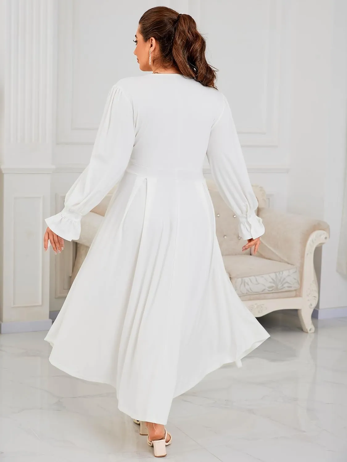 Plus Size Maxi Dress for Curvy Women Long Puff Sleeve Crewneck Stretchy Empire Waist A-line Flowy Outfits with Pockets