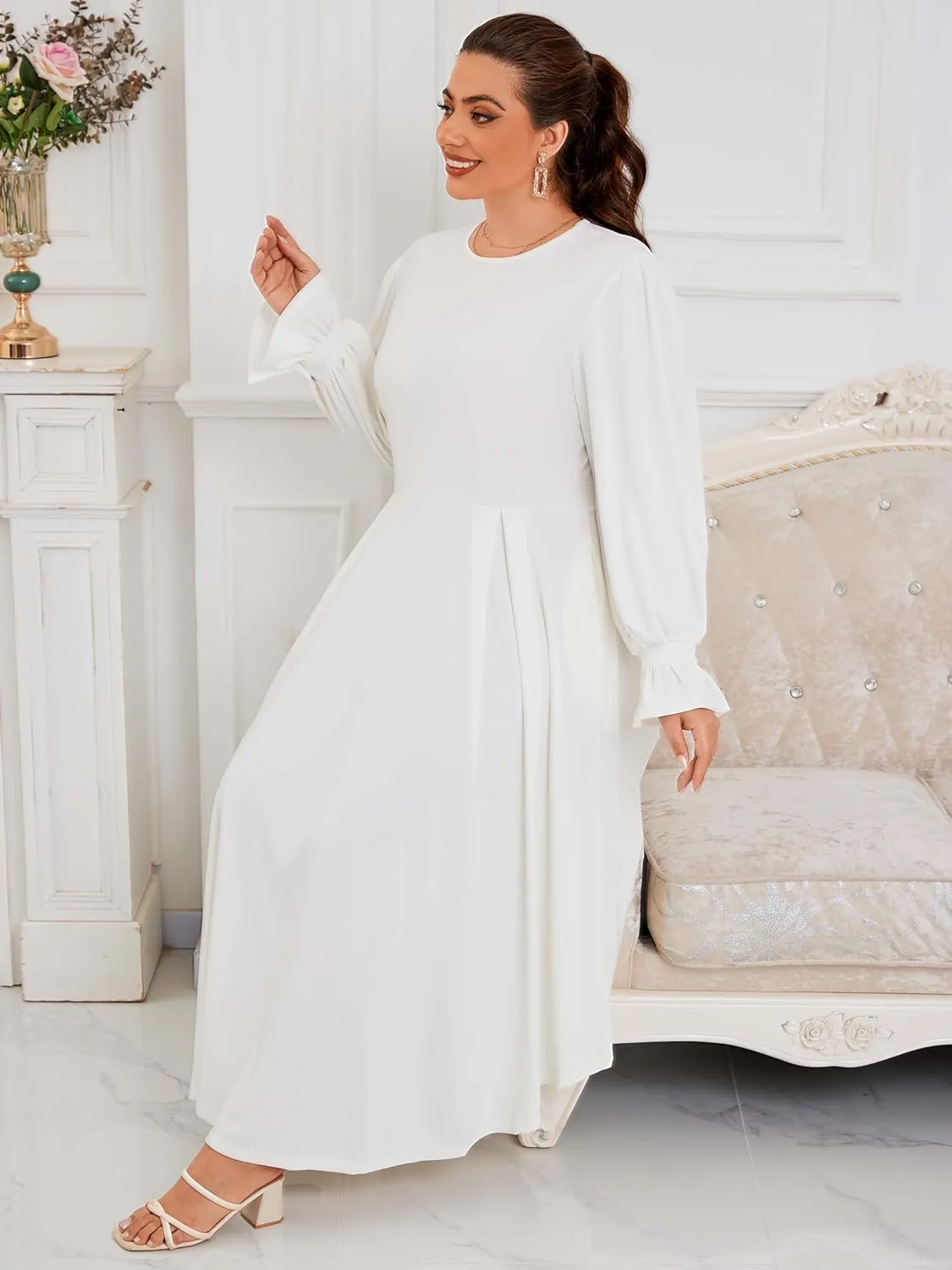 Plus Size Maxi Dress for Curvy Women Long Puff Sleeve Crewneck Stretchy Empire Waist A-line Flowy Outfits with Pockets