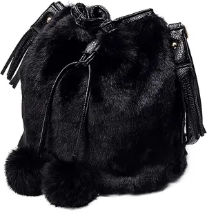 Plush Bucket Handbag Faux Fur Drawstring Fluffy Crossbody Bag Handle Shoulder Tote Bag