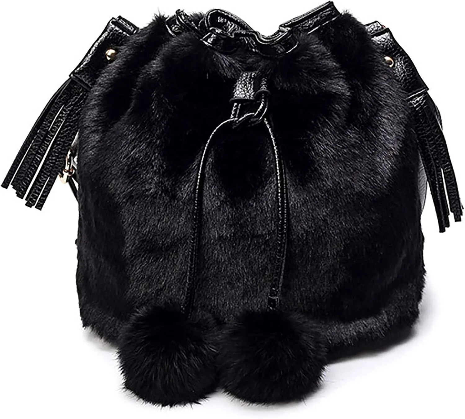 Plush Bucket Handbag Faux Fur Drawstring Fluffy Crossbody Bag Handle Shoulder Tote Bag