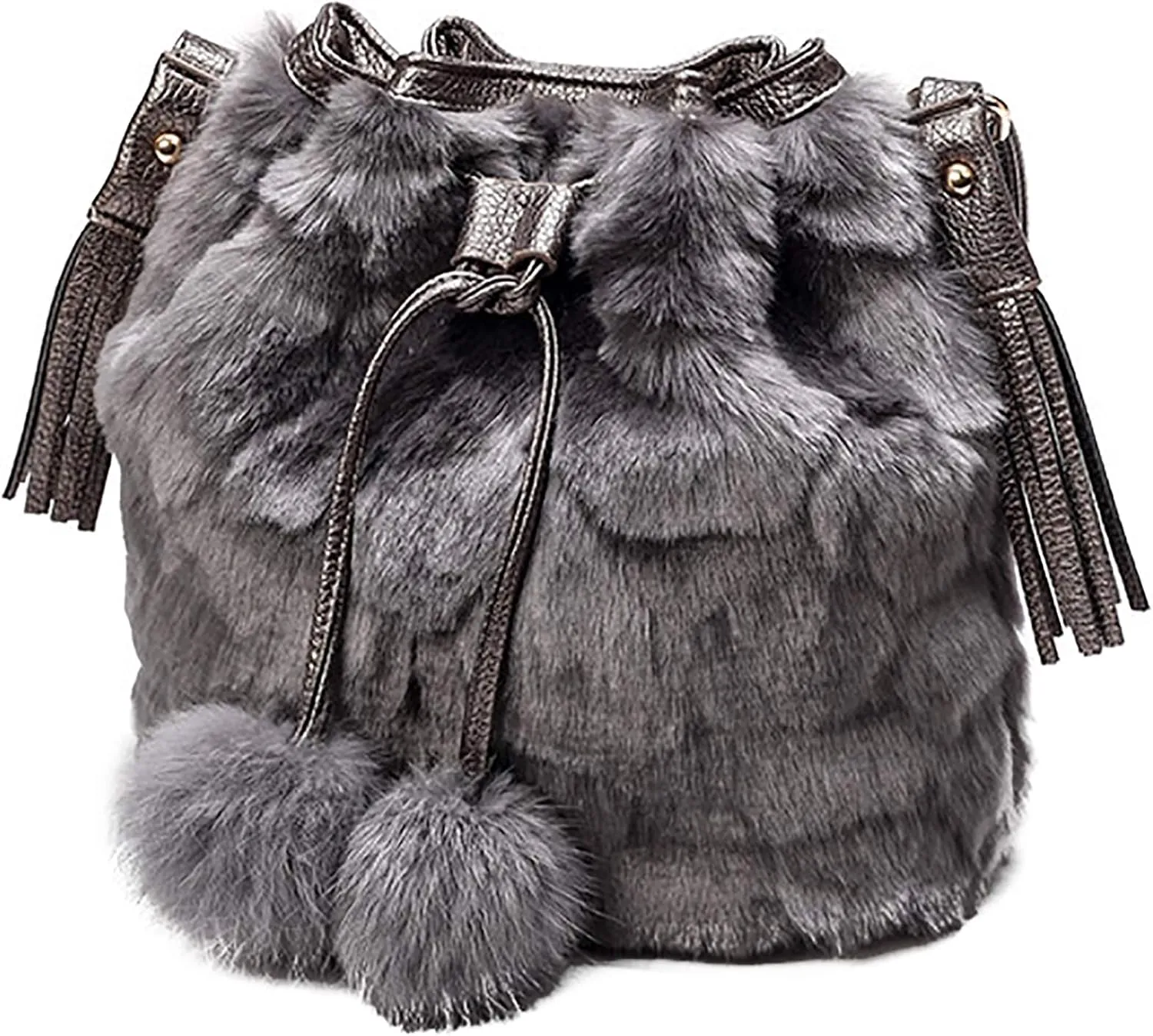 Plush Bucket Handbag Faux Fur Drawstring Fluffy Crossbody Bag Handle Shoulder Tote Bag