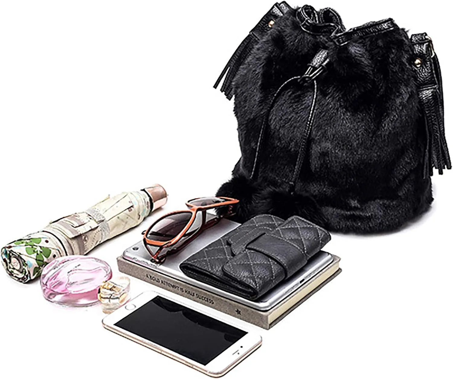 Plush Bucket Handbag Faux Fur Drawstring Fluffy Crossbody Bag Handle Shoulder Tote Bag