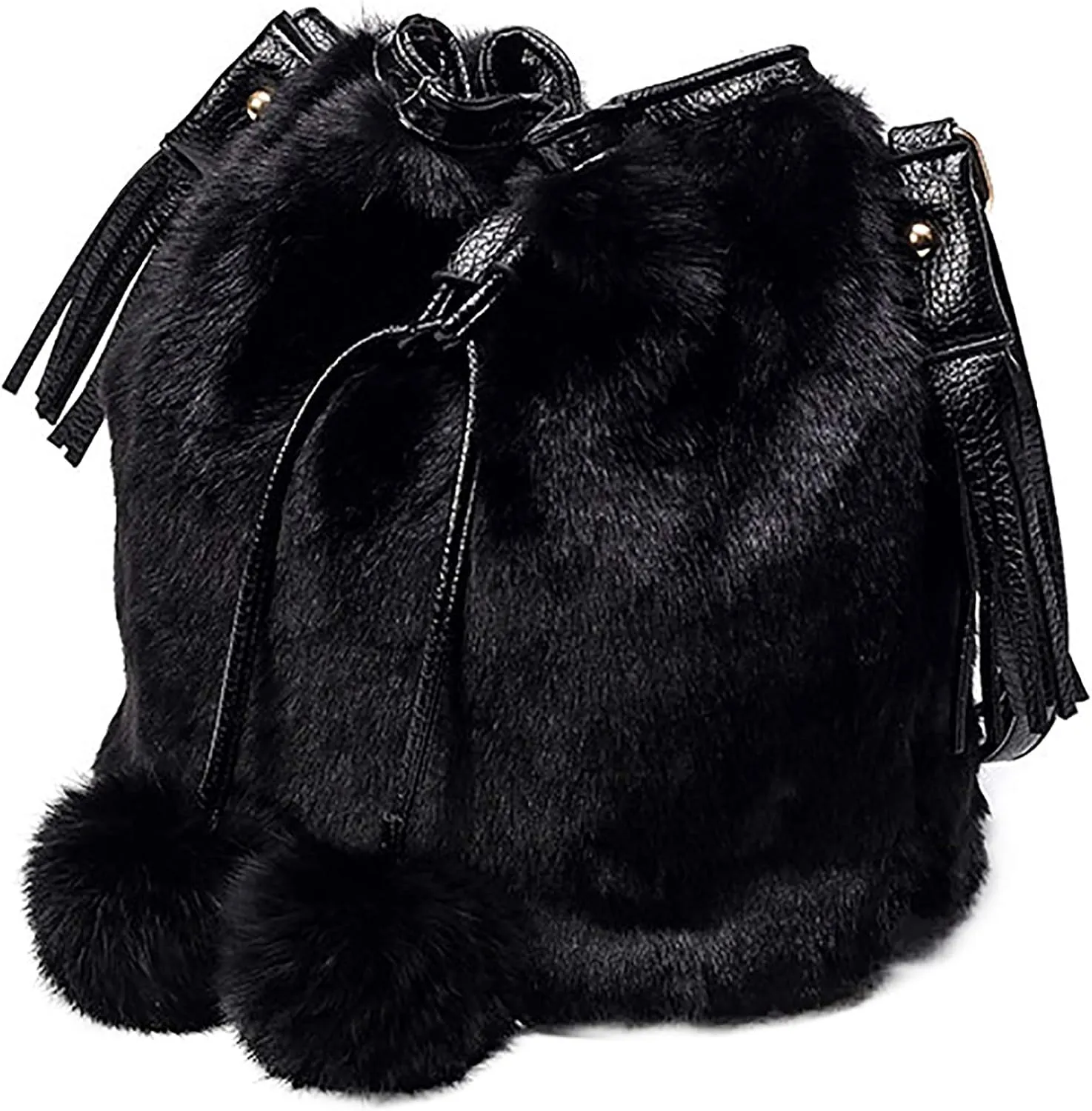 Plush Bucket Handbag Faux Fur Drawstring Fluffy Crossbody Bag Handle Shoulder Tote Bag