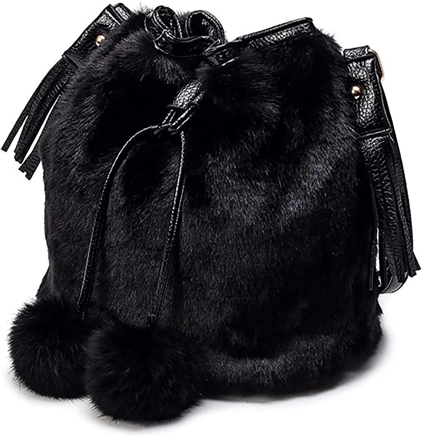 Plush Bucket Handbag Faux Fur Drawstring Fluffy Crossbody Bag Handle Shoulder Tote Bag
