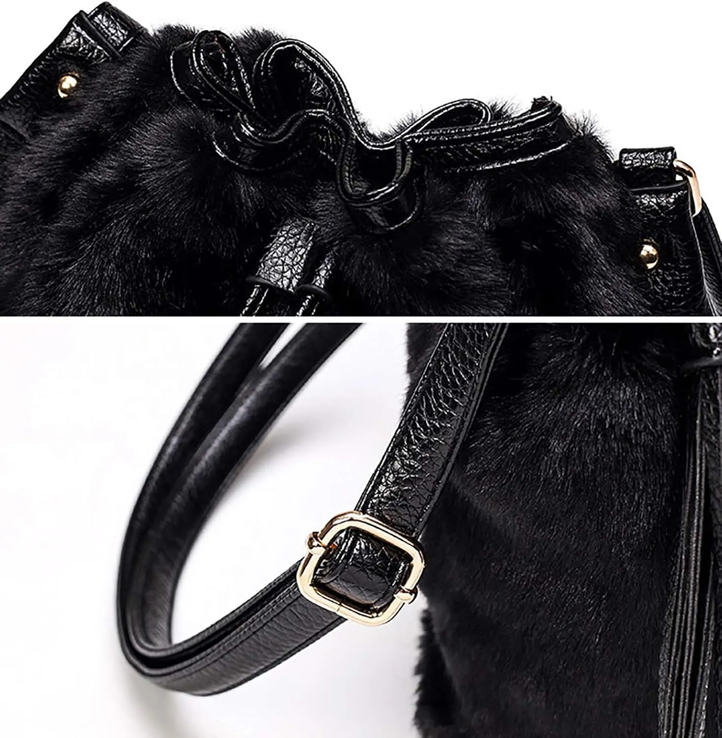 Plush Bucket Handbag Faux Fur Drawstring Fluffy Crossbody Bag Handle Shoulder Tote Bag