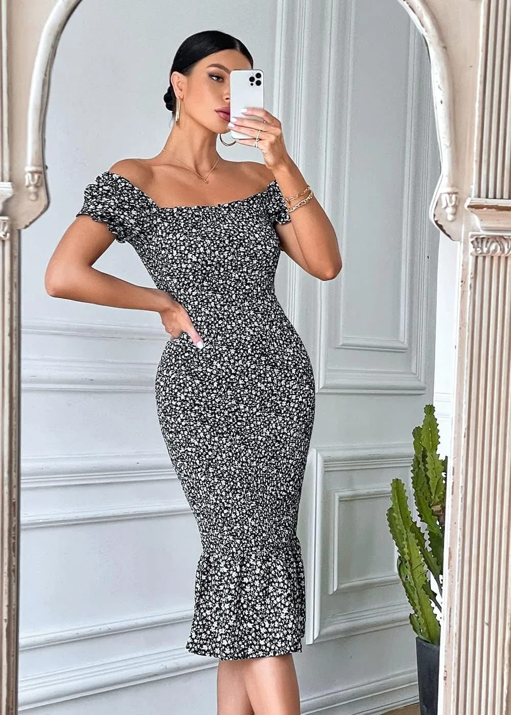 PRETTYGARDEN Bodycon Midi Dresses 2025 Summer Floral Puff Sleeve Mermaid Cocktail Baby Shower Photoshoot Maternity Dress