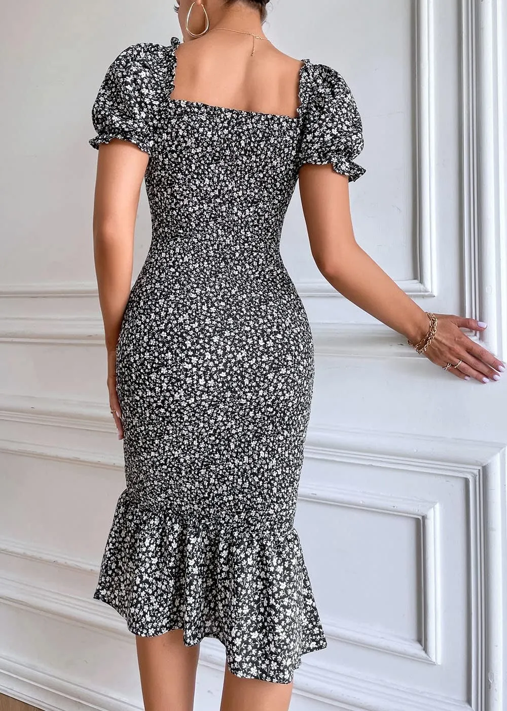PRETTYGARDEN Bodycon Midi Dresses 2025 Summer Floral Puff Sleeve Mermaid Cocktail Baby Shower Photoshoot Maternity Dress