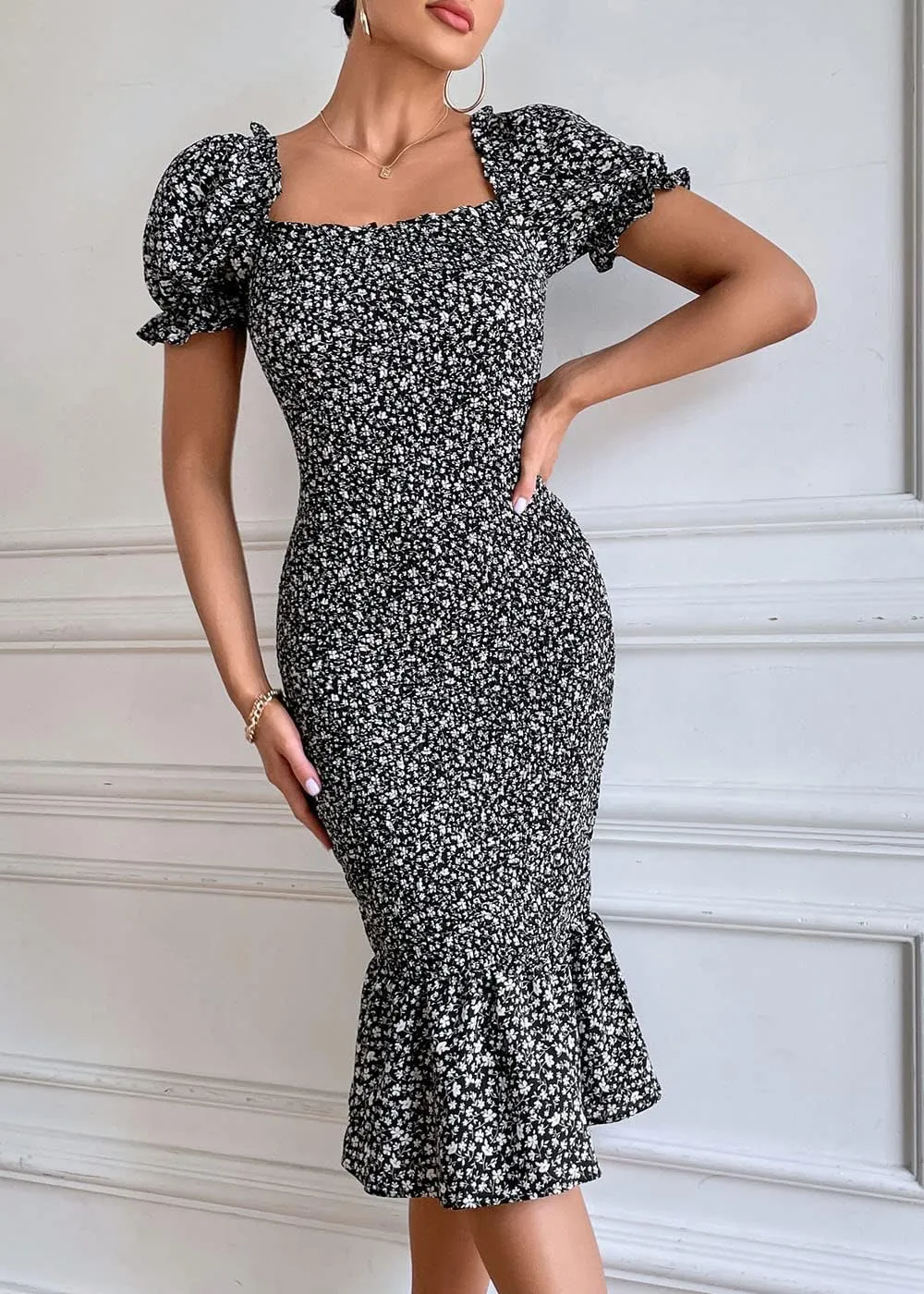 PRETTYGARDEN Bodycon Midi Dresses 2025 Summer Floral Puff Sleeve Mermaid Cocktail Baby Shower Photoshoot Maternity Dress