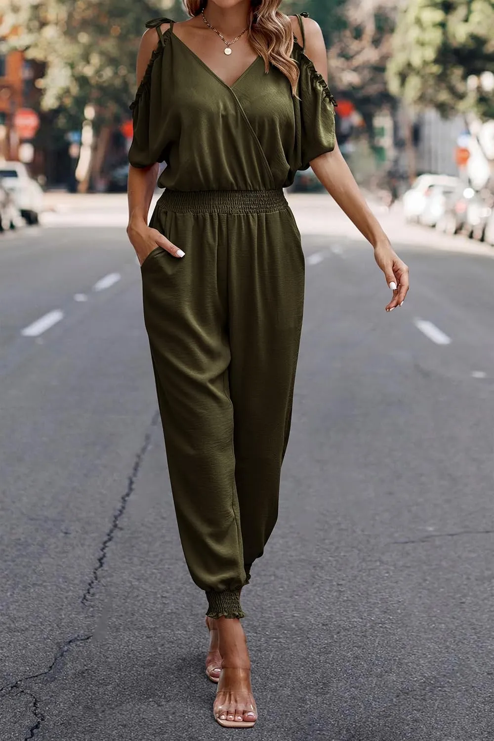 PRETTYGARDEN Jumpsuit for Women Casual Wrap V Neck Cold Shoulder One Piece Outfits Pants Romper