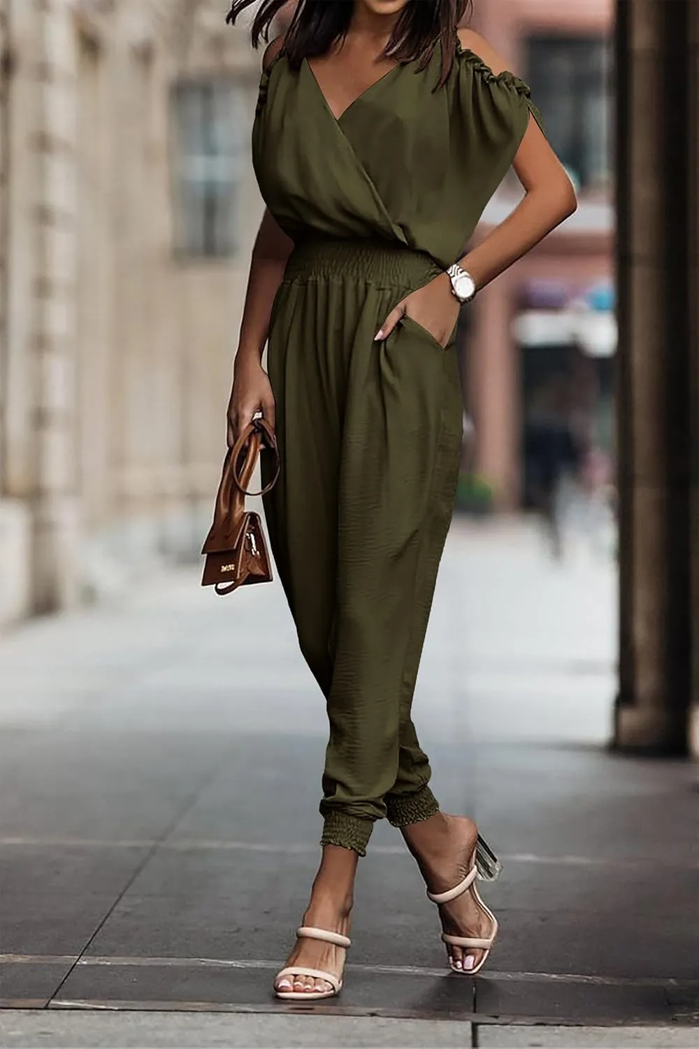PRETTYGARDEN Jumpsuit for Women Casual Wrap V Neck Cold Shoulder One Piece Outfits Pants Romper