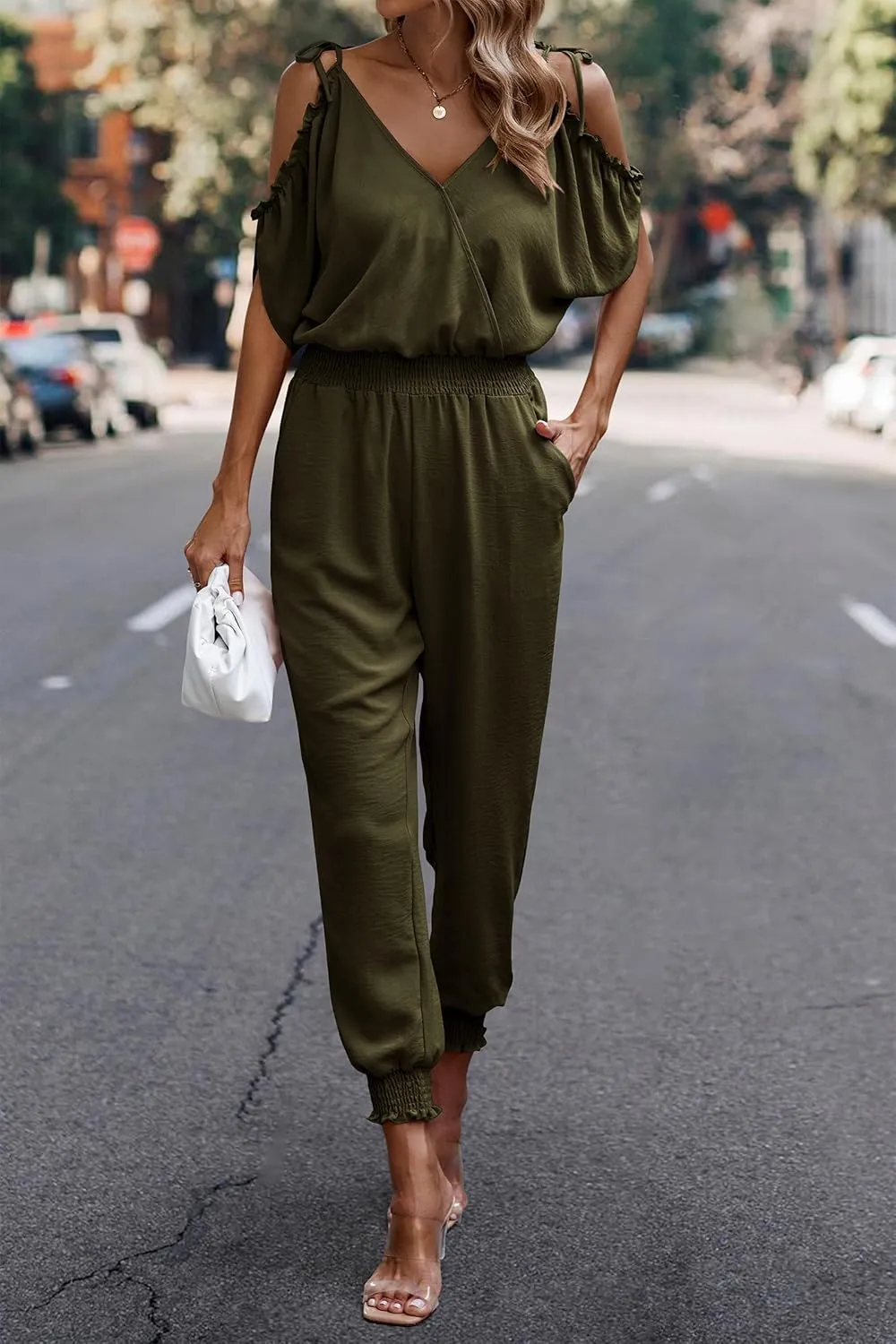 PRETTYGARDEN Jumpsuit for Women Casual Wrap V Neck Cold Shoulder One Piece Outfits Pants Romper