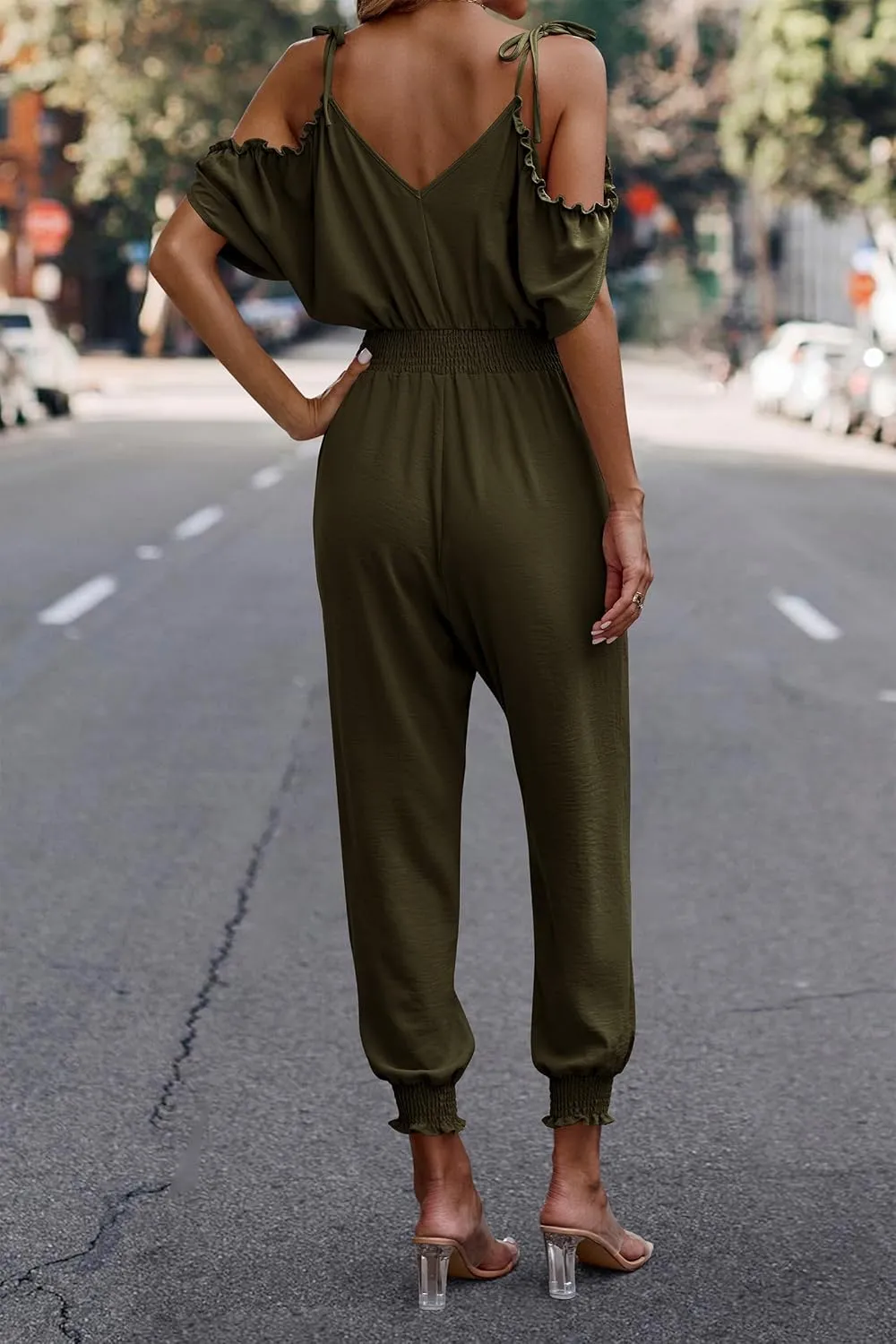 PRETTYGARDEN Jumpsuit for Women Casual Wrap V Neck Cold Shoulder One Piece Outfits Pants Romper