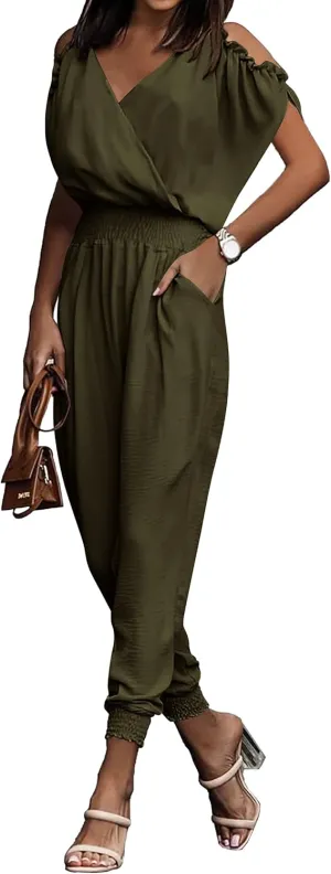 PRETTYGARDEN Jumpsuit for Women Casual Wrap V Neck Cold Shoulder One Piece Outfits Pants Romper