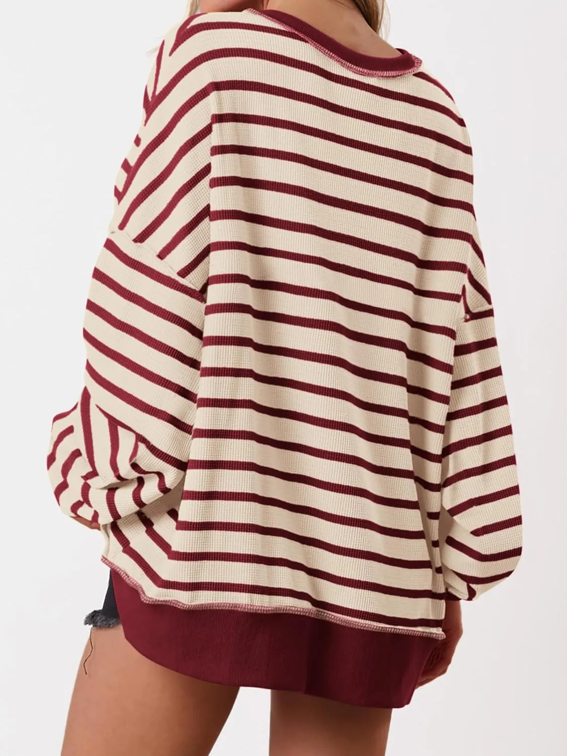 PRETTYGARDEN Womens Fall 2025 Striped Oversized Sweatshirt Long Sleeve Button Up Henley Neck Waffle Knit Pullover Tunic Tops