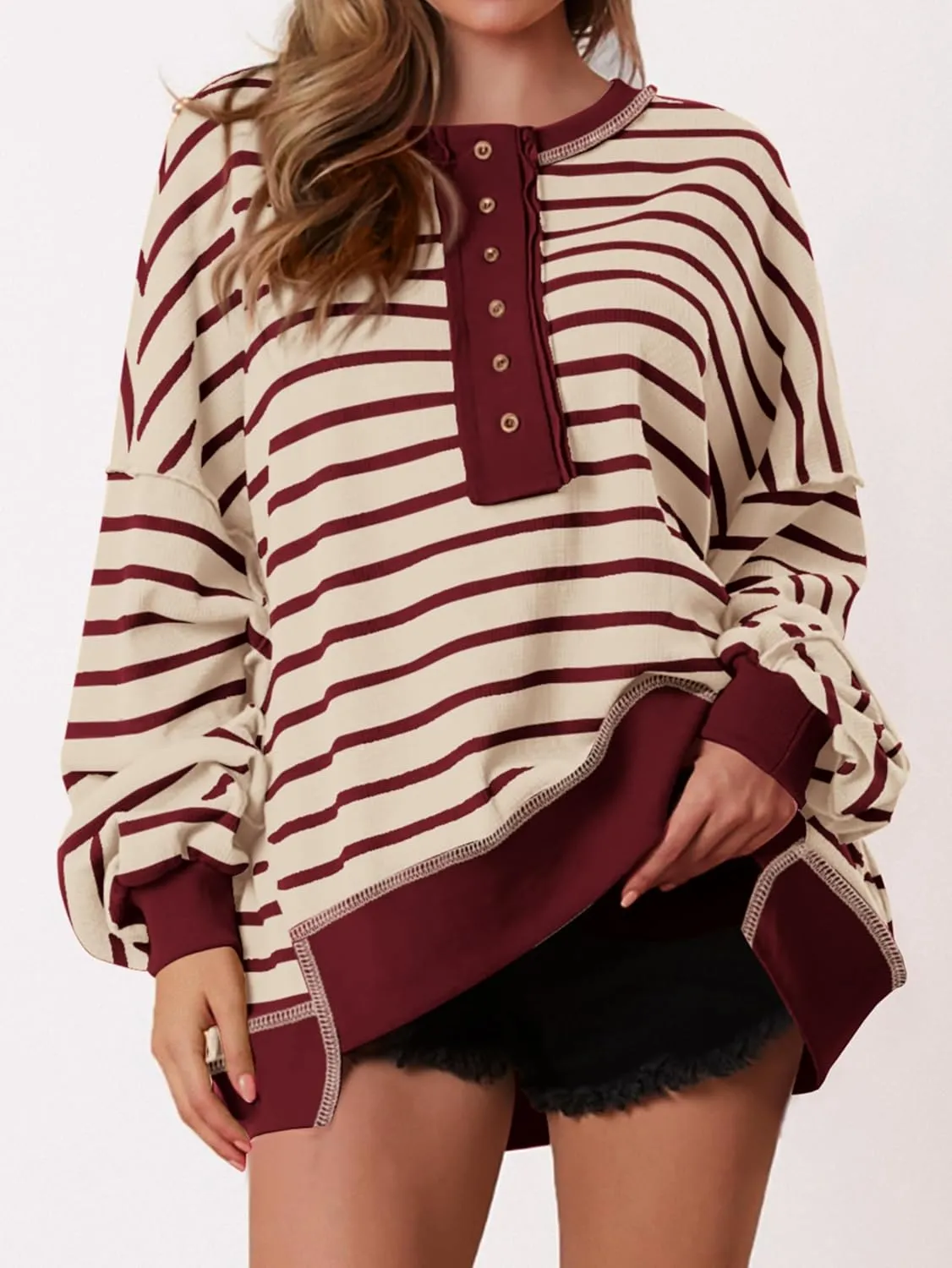 PRETTYGARDEN Womens Fall 2025 Striped Oversized Sweatshirt Long Sleeve Button Up Henley Neck Waffle Knit Pullover Tunic Tops