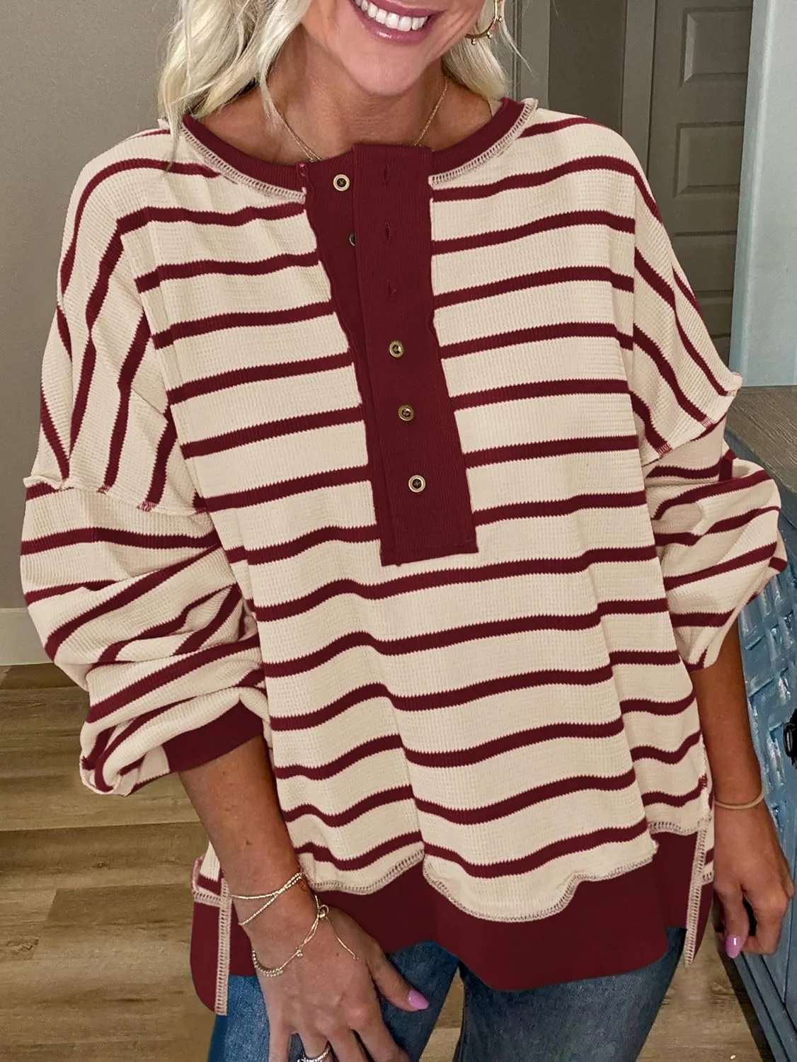 PRETTYGARDEN Womens Fall 2025 Striped Oversized Sweatshirt Long Sleeve Button Up Henley Neck Waffle Knit Pullover Tunic Tops