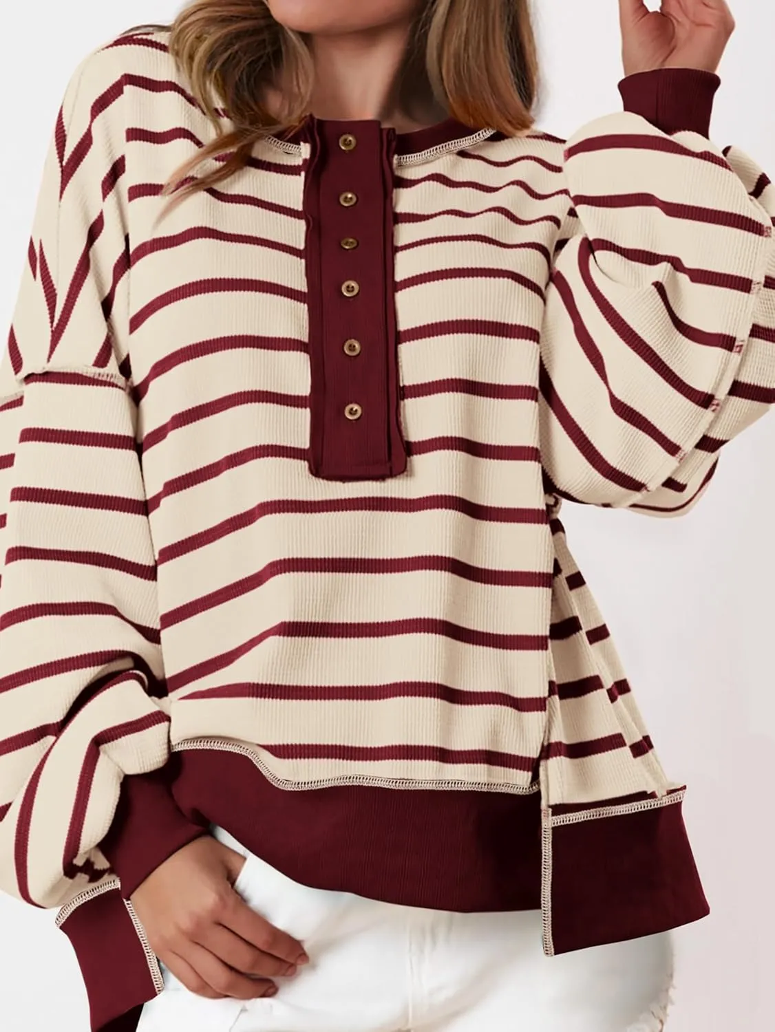 PRETTYGARDEN Womens Fall 2025 Striped Oversized Sweatshirt Long Sleeve Button Up Henley Neck Waffle Knit Pullover Tunic Tops