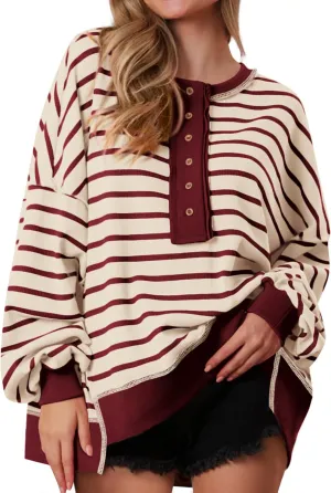 PRETTYGARDEN Womens Fall 2025 Striped Oversized Sweatshirt Long Sleeve Button Up Henley Neck Waffle Knit Pullover Tunic Tops