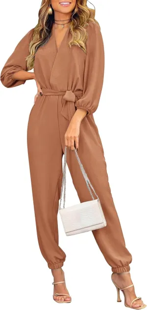 PRETTYGARDEN Women's Fall Jumpsuits Dressy Casual Pants Romper Spring Long Sleeve V Neck Belt Pockets One Piece Outfits