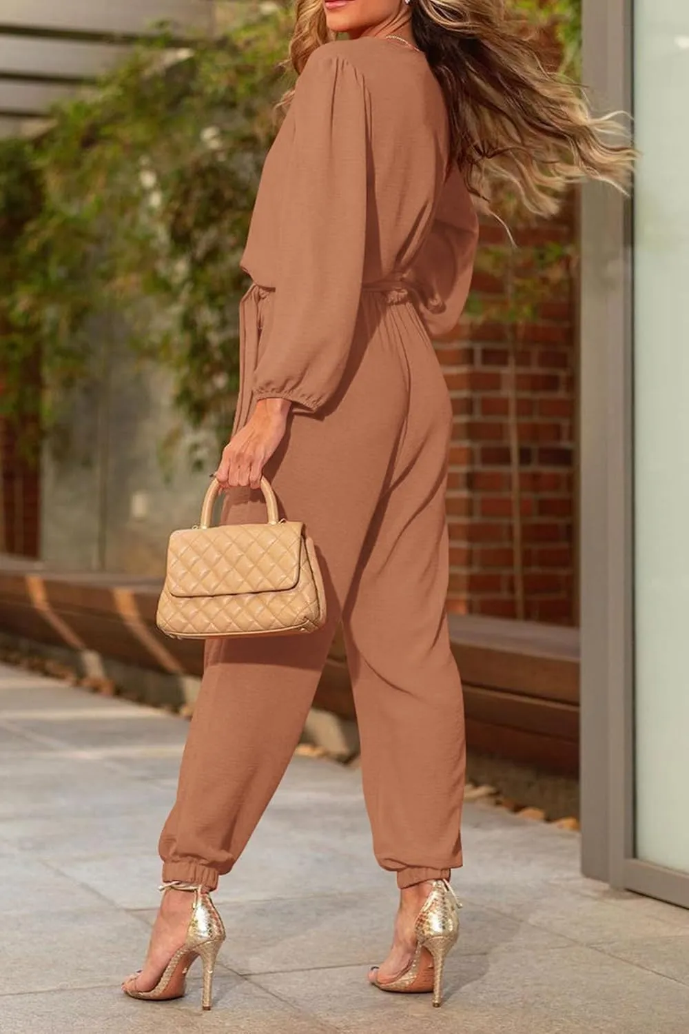 PRETTYGARDEN Women's Fall Jumpsuits Dressy Casual Pants Romper Spring Long Sleeve V Neck Belt Pockets One Piece Outfits