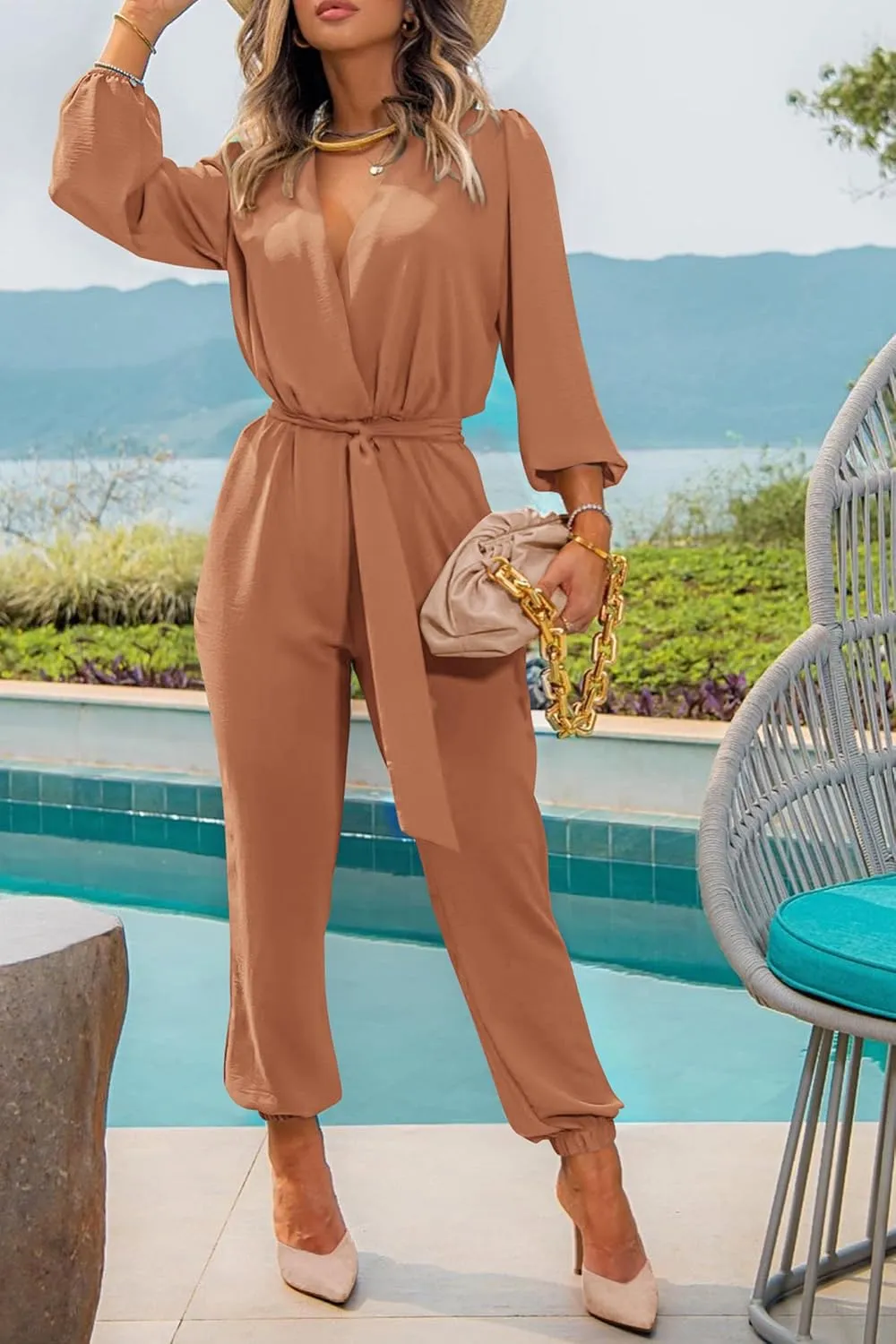 PRETTYGARDEN Women's Fall Jumpsuits Dressy Casual Pants Romper Spring Long Sleeve V Neck Belt Pockets One Piece Outfits