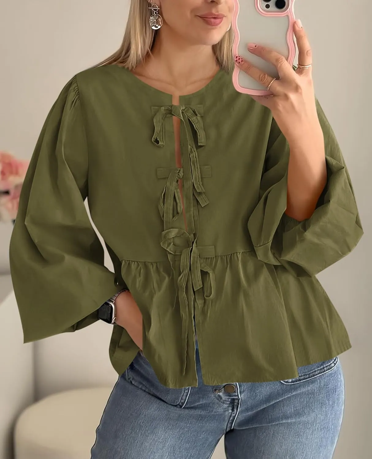 PRETTYGARDEN Women's Spring Fall Babydoll Peplum Blouse Shirt Puff Long Sleeve Bow Tie Front Trendy Cute Y2K Going Out Tops