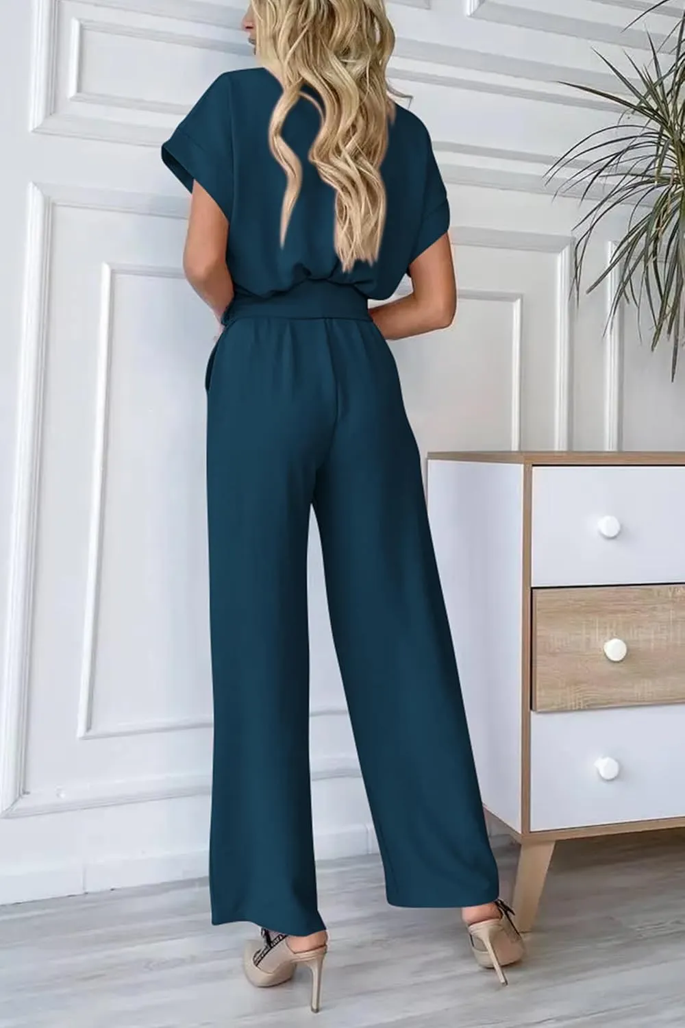 PRETTYGARDEN Women's Summer One Piece Jumpsuits Belted Short Sleeve Wrap V Neck Fashion Dressy Casual Wide Leg Pants Romper