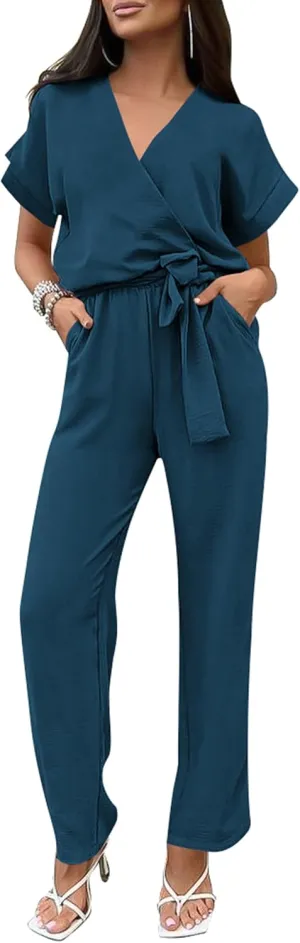 PRETTYGARDEN Women's Summer One Piece Jumpsuits Belted Short Sleeve Wrap V Neck Fashion Dressy Casual Wide Leg Pants Romper