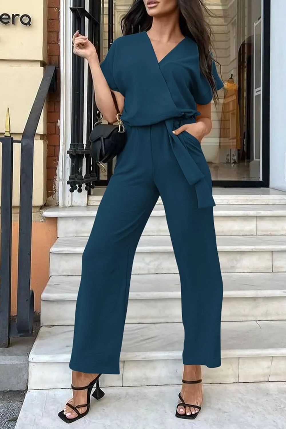 PRETTYGARDEN Women's Summer One Piece Jumpsuits Belted Short Sleeve Wrap V Neck Fashion Dressy Casual Wide Leg Pants Romper