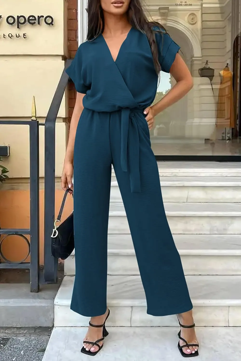 PRETTYGARDEN Women's Summer One Piece Jumpsuits Belted Short Sleeve Wrap V Neck Fashion Dressy Casual Wide Leg Pants Romper