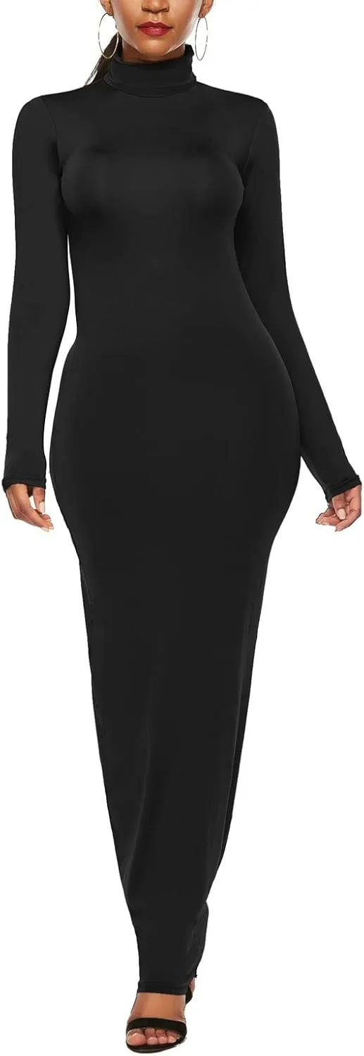 PRIMODA Women's Turtleneck Long Sleeve Bodycon Maxi Dress Casual Long Dress