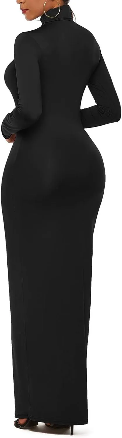 PRIMODA Women's Turtleneck Long Sleeve Bodycon Maxi Dress Casual Long Dress