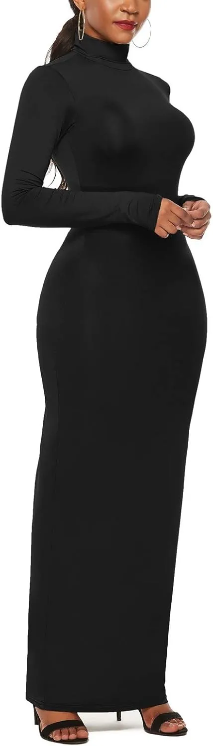 PRIMODA Women's Turtleneck Long Sleeve Bodycon Maxi Dress Casual Long Dress