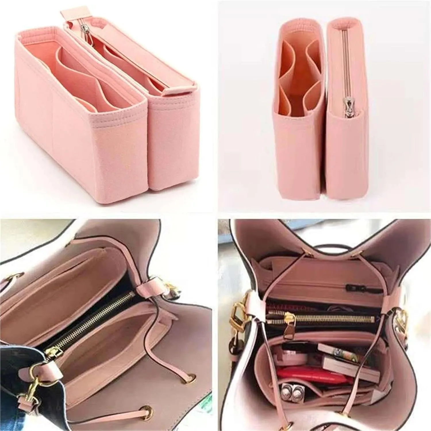 Purse Organizer Insert Bucket Felt Cloth Insert Bag Organizer Makeup Handbag Organizer Travel Inner Purse Portable Cosmetic Bags(Pink)