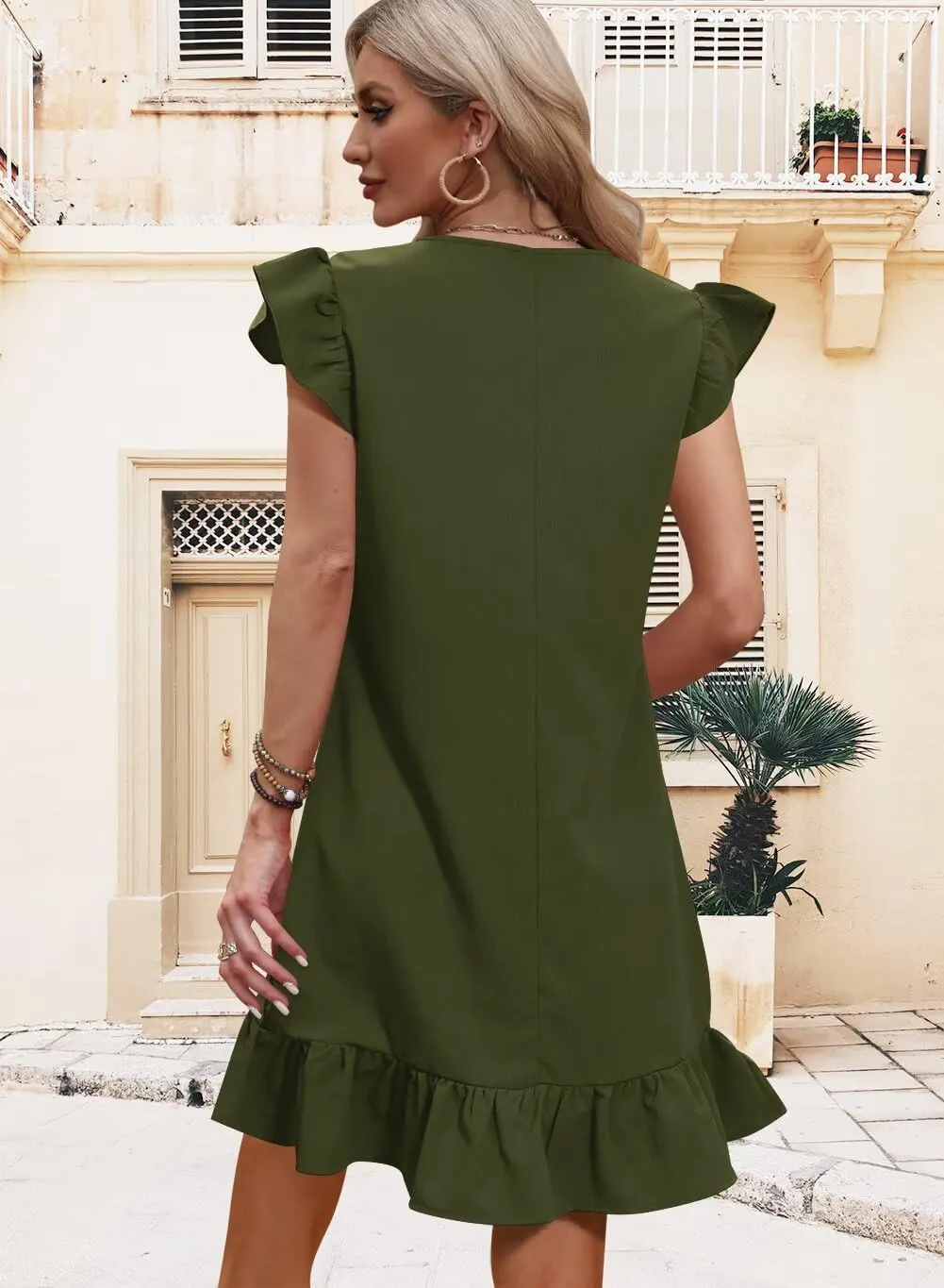 QACOHU Spring Summer Dresses for Women 2025 V Neck Cap Sleeve Ruffle Hem Smock Short Casual Outings Beach Dress