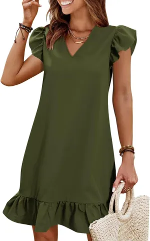 QACOHU Spring Summer Dresses for Women 2025 V Neck Cap Sleeve Ruffle Hem Smock Short Casual Outings Beach Dress