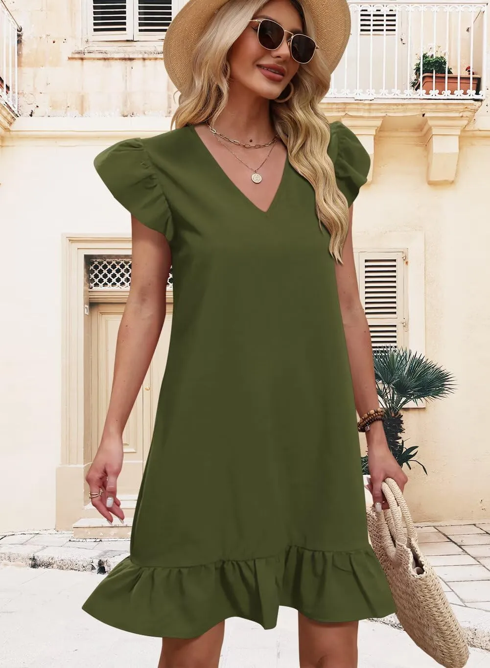 QACOHU Spring Summer Dresses for Women 2025 V Neck Cap Sleeve Ruffle Hem Smock Short Casual Outings Beach Dress
