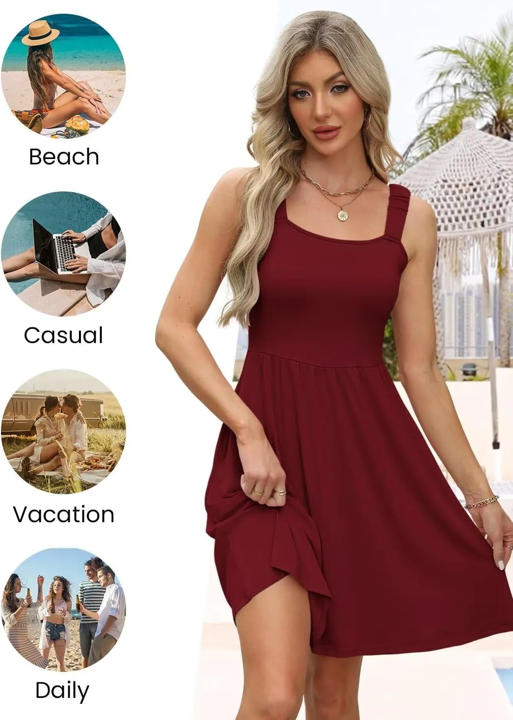 QACOHU Summer Dresses for Women 2025 Square Neck Sleeveless Sundress Casual Pocket A-Line Midi Dress