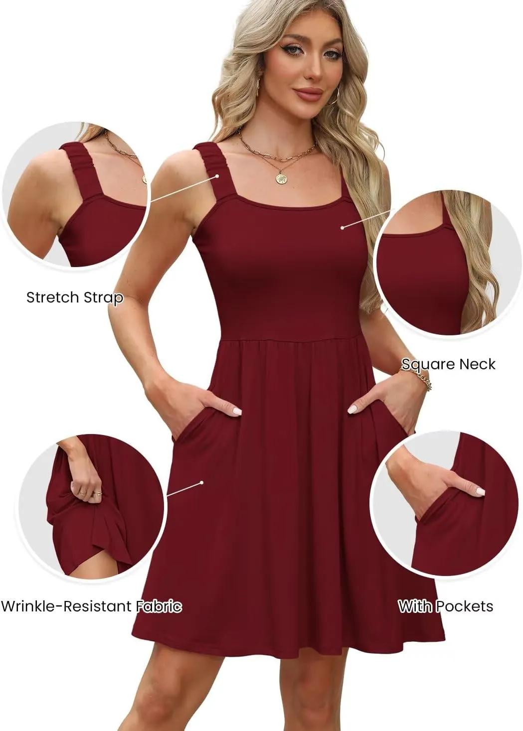 QACOHU Summer Dresses for Women 2025 Square Neck Sleeveless Sundress Casual Pocket A-Line Midi Dress