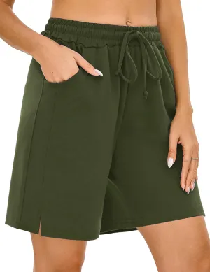 Quenteen Womens Bermuda Shorts Athletic Loose Running Comfy Long Yoga Shorts with Pockets