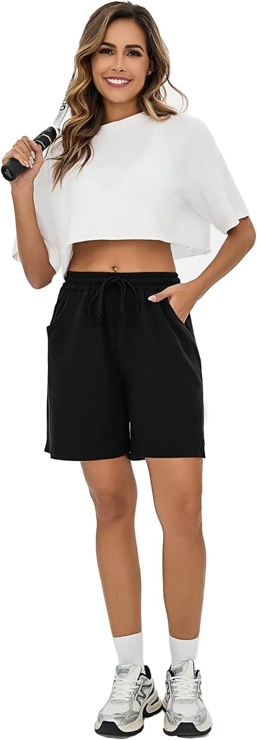 Quenteen Womens Bermuda Shorts Athletic Loose Running Comfy Long Yoga Shorts with Pockets